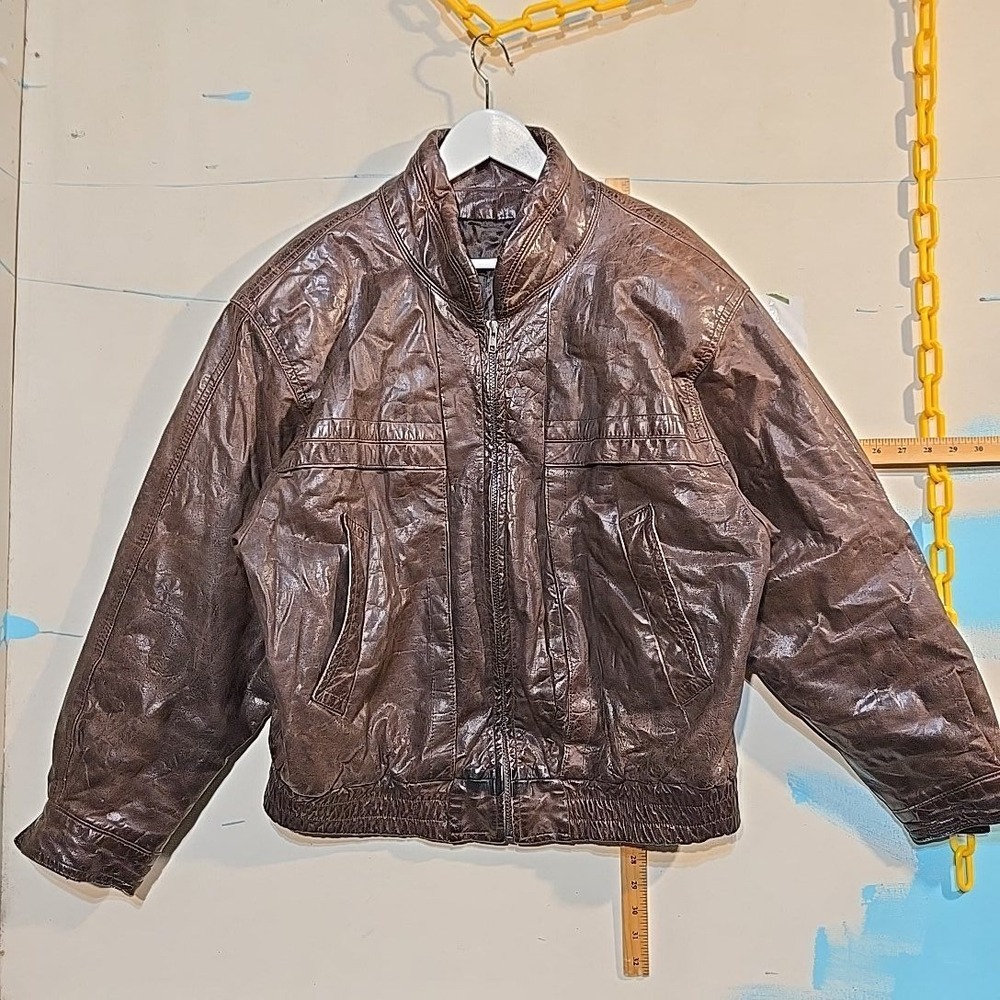 VTG Danier Large Bomber‎ Jacket Brown Canada Genuine Leather Batwing 80s 23x28